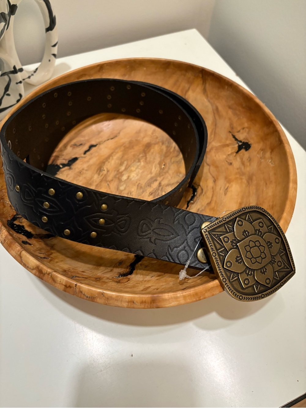 Lucky Brand Black Leather Belt with Decorative Bronze-Tone Buckle